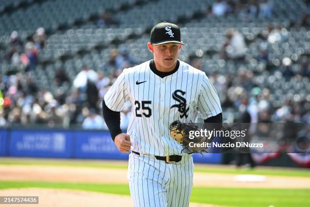 Andrew Vaughn of the Chicago White Sox reacts after the second inning against the Detroit Tigers at Guaranteed Rate Field on March 31, 2024 in...