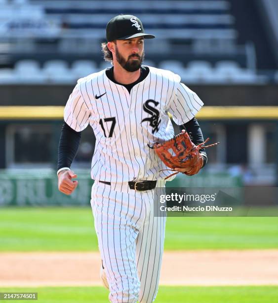 Braden Shewmake of the Chicago White Sox reacts after the second inning against the Detroit Tigers at Guaranteed Rate Field on March 31, 2024 in...