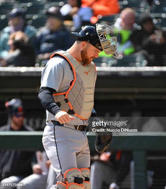 Jake Rogers of the Detroit Tigers reacts during the second inning of a game against the Chicago White Sox at Guaranteed Rate Field on March 31, 2024...