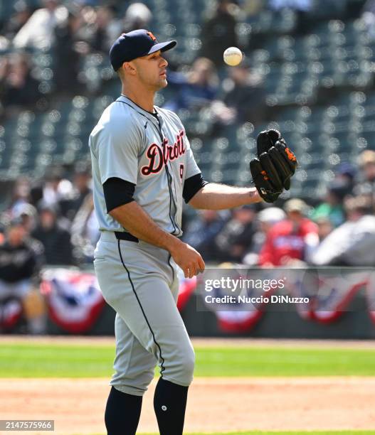 Jack Flaherty of the Detroit Tigers reacts during the second inning of a game against the Chicago White Sox at Guaranteed Rate Field on March 31,...