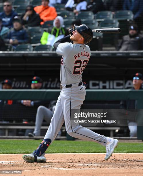 Parker Meadows of the Detroit Tigers bats against the Chicago White Sox at Guaranteed Rate Field on March 31, 2024 in Chicago, Illinois.