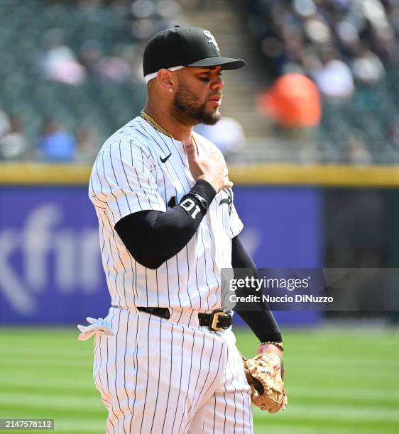 Yoan Moncada of the Chicago White Sox stands at third base during a game against the Detroit Tigers at Guaranteed Rate Field on March 31, 2024 in...