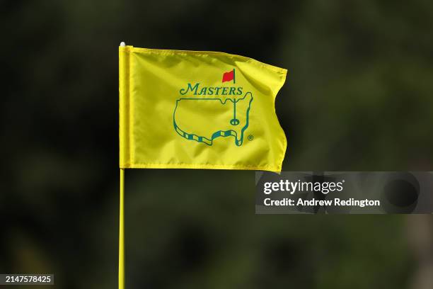 Detail of a pin flag on the 18th green during a practice round prior to the 2024 Masters Tournament at Augusta National Golf Club on April 08, 2024...