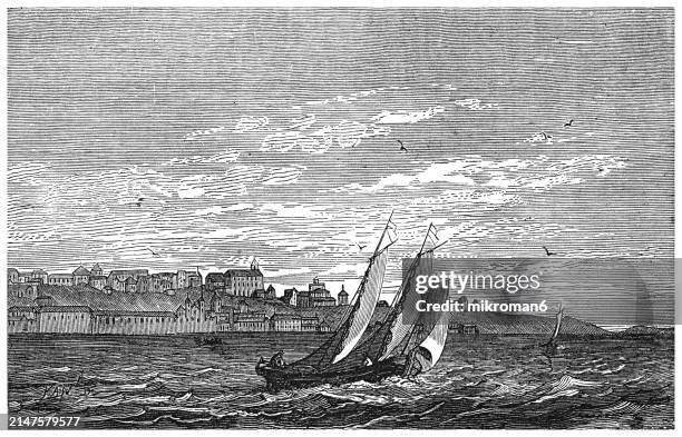 old engraved illustration of view of part of the city of san salvador - ireland border stock pictures, royalty-free photos & images