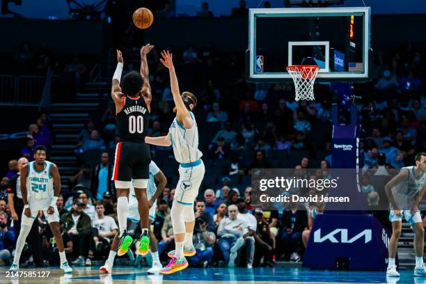 Scoot Henderson of the Portland Trail Blazers shoots the ball during the first half of a basketball game against the Charlotte Hornets at Spectrum...