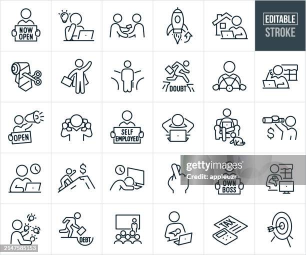 selbstständigkeit und unabhängiger auftragnehmer dünne liniensymbole - bearbeitbarer strich - unternehmer stock-grafiken, -clipart, -cartoons und -symbole