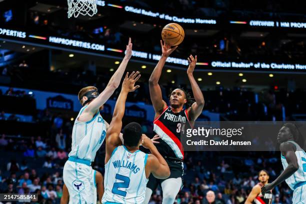 Jabari Walker of the Portland Trail Blazers shoots the ball during the second half of a basketball game against the Charlotte Hornets at Spectrum...