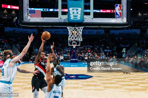 Jabari Walker of the Portland Trail Blazers shoots the ball during the second half of a basketball game against the Charlotte Hornets at Spectrum...