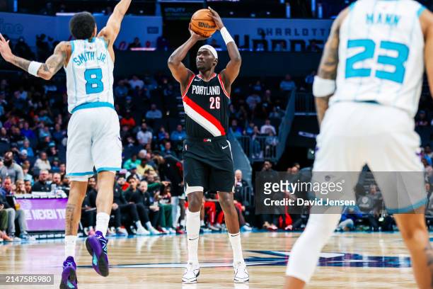 Duop Reath of the Portland Trail Blazers shoots the ball during the second half of a basketball game against the Charlotte Hornets at Spectrum Center...