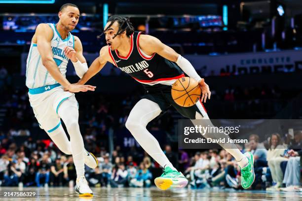 Dalano Banton of the Portland Trail Blazers drives to the basket during the second half of a basketball game against the Charlotte Hornets at...