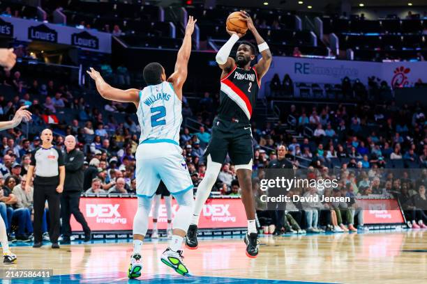 Deandre Ayton of the Portland Trail Blazers shoots the ball during the second half of a basketball game against the Charlotte Hornets at Spectrum...