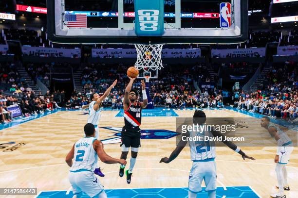Scoot Henderson of the Portland Trail Blazers shoots the ball during the second half of a basketball game against the Charlotte Hornets at Spectrum...
