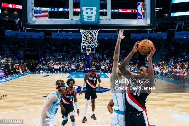 Jabari Walker of the Portland Trail Blazers shoots the ball during the second half of a basketball game against the Charlotte Hornets at Spectrum...