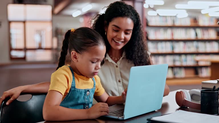 Lady Elearning School, tutor or girl in a library with laptop for elearning, knowledge ...