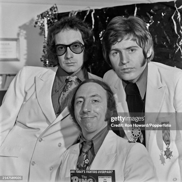 From left, poet Roger McGough, John Gorman and Mike McGear of comedy, music and poetry group The Scaffold posed backstage in London in November 1968....