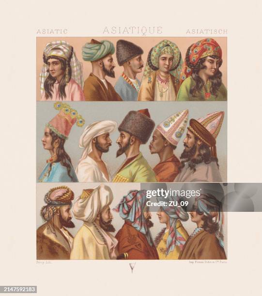 asian headgear - turbans, chromolithograph, published in 1888 - north caucasus stock illustrations