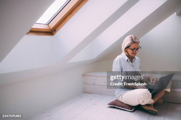 frau, die am laptop im ruhigen dachboden arbeitet - oberlicht stock-fotos und bilder