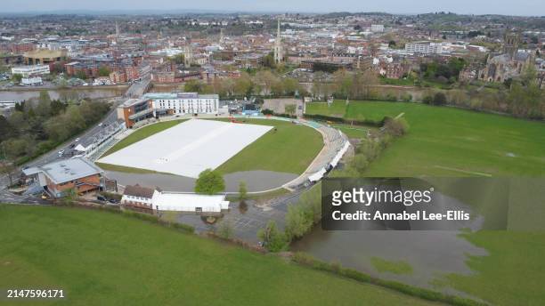 In this aerial view, a general view from above of New Road, home of Worcestershire County Cricket club, partially flooded on April 8, 2024 in...