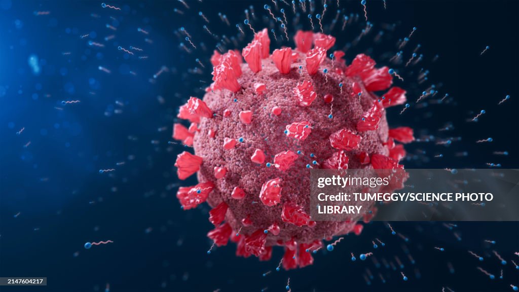 Coronavirus surrounded by soap molecules, illustration