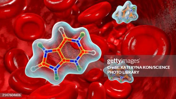uric acid molecule in blood circulation, illustration - metabolism stock illustrations