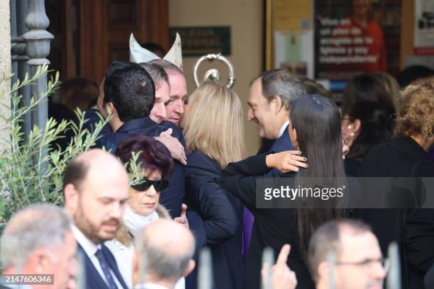 Infanta Elena, Froilan and Victoria Federica greet Beltran, Juan and Bruno Gomez-Acebo upon their arrival at the funeral mass of Fernando Gomez-Acebo...