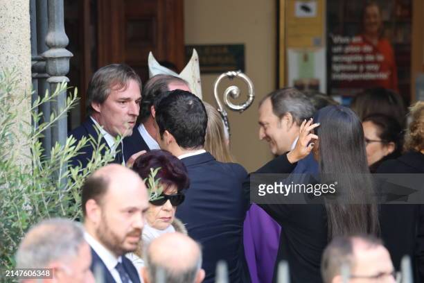 Infanta Elena, Froilan and Victoria Federica greet Beltran, Juan and Bruno Gomez-Acebo upon their arrival at the funeral mass of Fernando Gomez-Acebo...