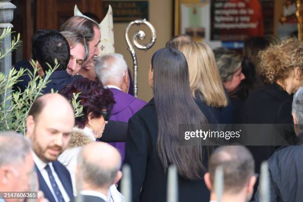 Froilan and Victoria Federica greet Beltran Gomez-Acebo upon his arrival at the funeral mass of Fernando Gomez-Acebo at the Castrense Cathedral, on...