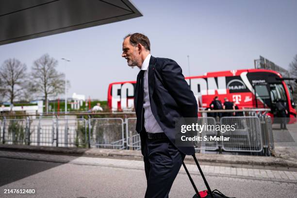 Thomas Tuchel, head coach of FC Bayern Muenchen, as the team departs to London for their UEFA Champions League quarter final against Arsenal on April...