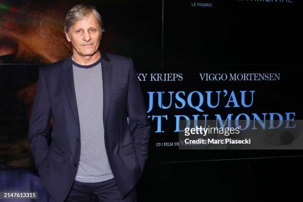 Viggo Mortensen attends the "Jusqu'au Bout Du Monde" premiere at Cinema UGC Cine Cite des Halles on April 08, 2024 in Paris, France.
