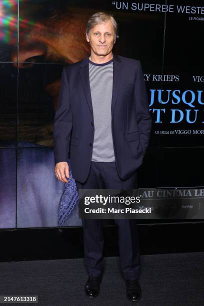 Viggo Mortensen attends the "Jusqu'au Bout Du Monde" premiere at Cinema UGC Cine Cite des Halles on April 08, 2024 in Paris, France.