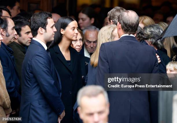 Felipe de Marichalar y Borbón, Victoria de Marichalar y Borbón and Infanta Elena leave the Castrense Cathedral, where they attended the funeral mass...