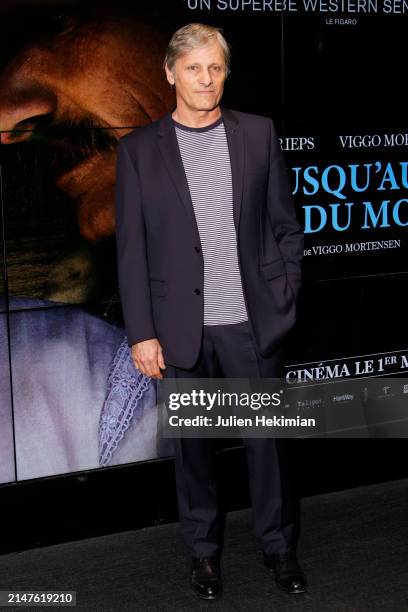 Actor Viggo Mortensen attends the "Jusqu'au Bout Du Monde" Premiere at Cinema UGC Cine Cite des Halles on April 08, 2024 in Paris, France.