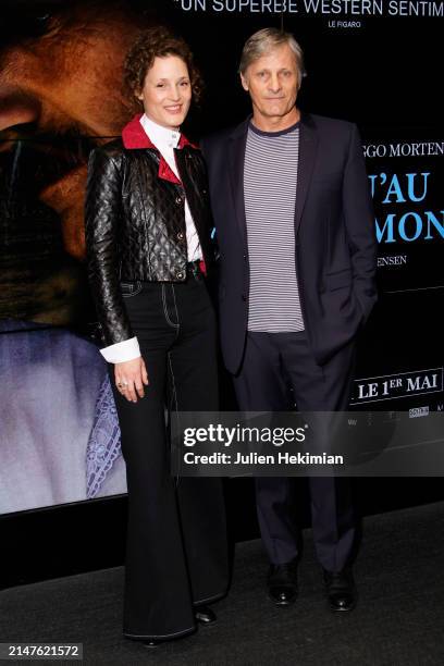 Vicky Krieps and Viggo Mortensen attend the "Jusqu'au Bout Du Monde" Premiere at Cinema UGC Cine Cite des Halles on April 08, 2024 in Paris, France.