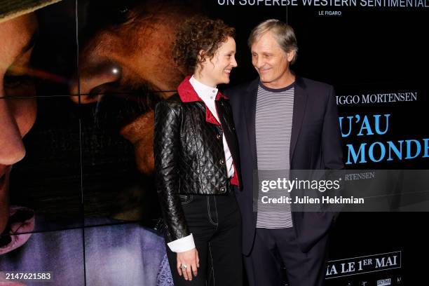 Vicky Krieps and Viggo Mortensen attend the "Jusqu'au Bout Du Monde" Premiere at Cinema UGC Cine Cite des Halles on April 08, 2024 in Paris, France.