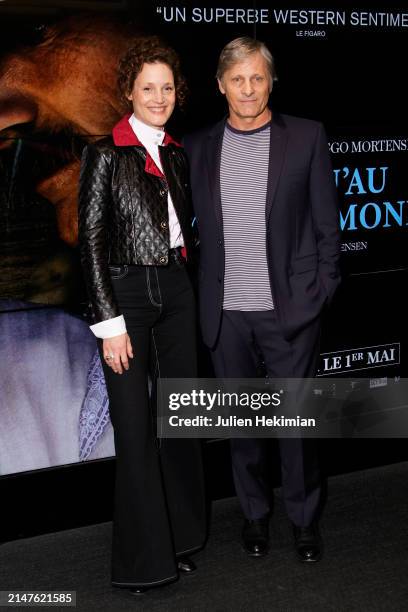 Vicky Krieps and Viggo Mortensen attend the "Jusqu'au Bout Du Monde" Premiere at Cinema UGC Cine Cite des Halles on April 08, 2024 in Paris, France.