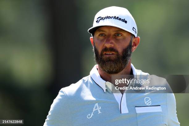 Dustin Johnson of the United States looks on during a practice round prior to the 2024 Masters Tournament at Augusta National Golf Club on April 08,...