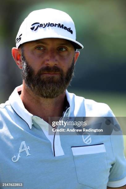 Dustin Johnson of the United States looks on during a practice round prior to the 2024 Masters Tournament at Augusta National Golf Club on April 08,...