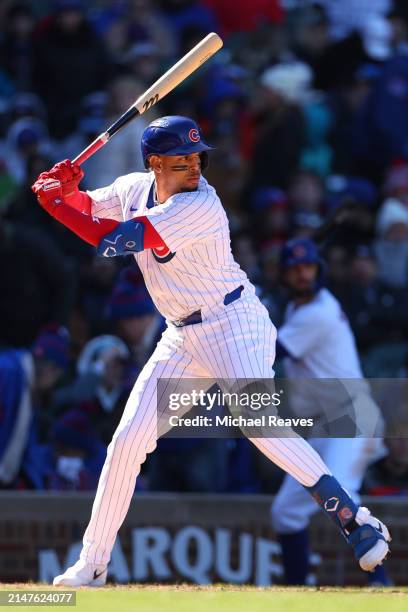 Christopher Morel of the Chicago Cubs at bat against the Los Angeles Dodgers at Wrigley Field on April 05, 2024 in Chicago, Illinois.
