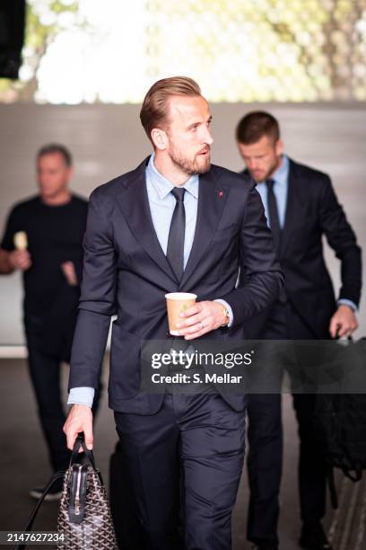 Harry Kane of FC Bayern Muenchen as the team departs to London for their UEFA Champions League quarter final against Arsenal on April 08, 2024 in...