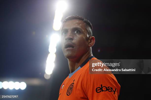 Alexis Sanchez of FC Internazionale looks on during the Serie A TIM match between Udinese Calcio and FC Internazionale at Dacia Arena on April 08,...