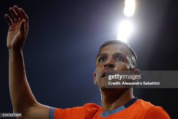 Alexis Sanchez of FC Internazionale gestures during the Serie A TIM match between Udinese Calcio and FC Internazionale at Dacia Arena on April 08,...