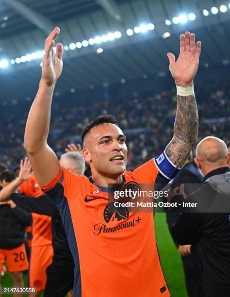 Lautaro Martine of FC Internazionale celebrates the win at the end of the Serie A TIM match between Udinese Calcio and FC Internazionale - Serie A...