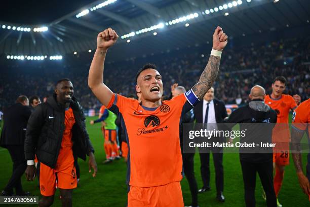 Lautaro Martine of FC Internazionale celebrates the win at the end of the Serie A TIM match between Udinese Calcio and FC Internazionale - Serie A...