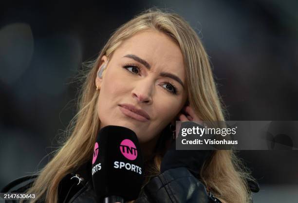 Sports presenter Laura Woods before the Premier League match between Newcastle United and Everton FC at St. James Park on April 2, 2024 in Newcastle...