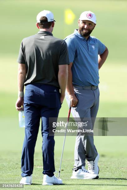 Jon Rahm of Spain looks on in the practice area prior to the 2024 Masters Tournament at Augusta National Golf Club on April 08, 2024 in Augusta,...