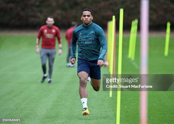 Jurrien Timber of Arsenal during a training session at Sobha Realty Training Centre on April 08, 2024 in London Colney, England.