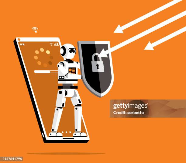 robot out from a smart phone with a shield - shield vector stock illustrations