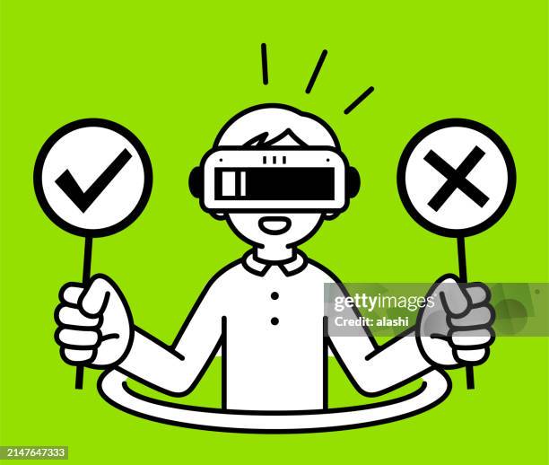 a boy wearing a virtual reality headset or vr glasses pops out of a virtual hole into the metaverse, he is holding right and wrong signs, true-false questions, and yes-no questions, looking at the viewer, with a minimalist style, black and white outline - kids getting in trouble stock illustrations