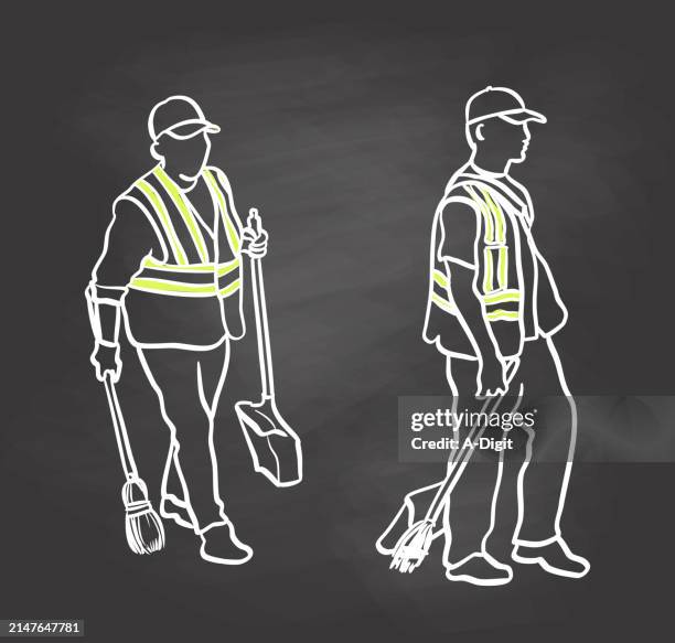 city street cleaning crew blackboard - guy-throwing-out-garbage-drawing stock illustrations