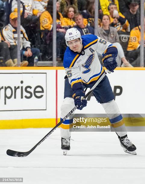 Colton Parayko of the St. Louis Blues skates against the Nashville Predators during an NHL game at Bridgestone Arena on April 4, 2024 in Nashville,...